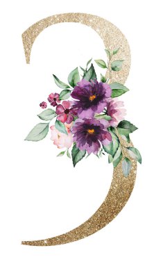 Açık altın rengi 3 numara. Mor güller ve yeşil yapraklı buketler. Menekşe şakayıklı elementler. Düğün ve tatil tasarımı ve kırtasiye için zarif çiçek alfabesi