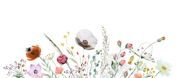 カラフルな水彩の野の花や葉のイラストで作られた境界線 隔離された コピースペース 夏の結婚式の文房具やグリーティングカードの花の要素 — ストック写真