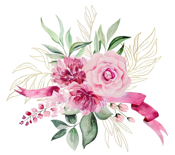 用粉红色水彩花和绿叶制成的带有粉红色横幅图案的束框 夏季婚礼文具和贺卡的花卉元素 — 图库照片