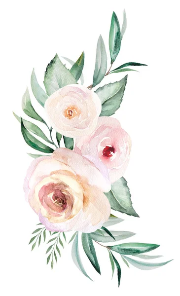 Watercolor Light Pink Flowers Green Leaves Bouquet Illustration Isolated White — Photo