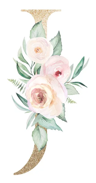 Világos Arany Betű Akvarell Pasztell Rózsákkal Elszigetelt Fehér Csillogó Boho — Stock Fotó