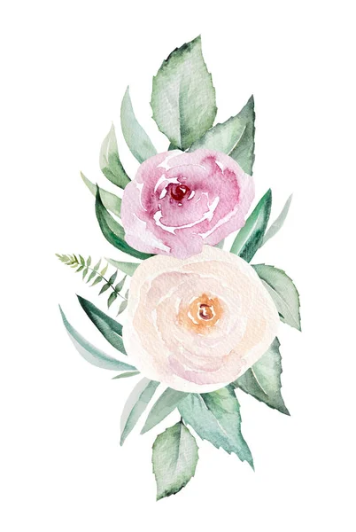 水彩艳丽的粉色花朵和绿叶花束 为婚礼固定的白色图案 问候卡片 手工制作 糊状花序手绘排列 — 图库照片