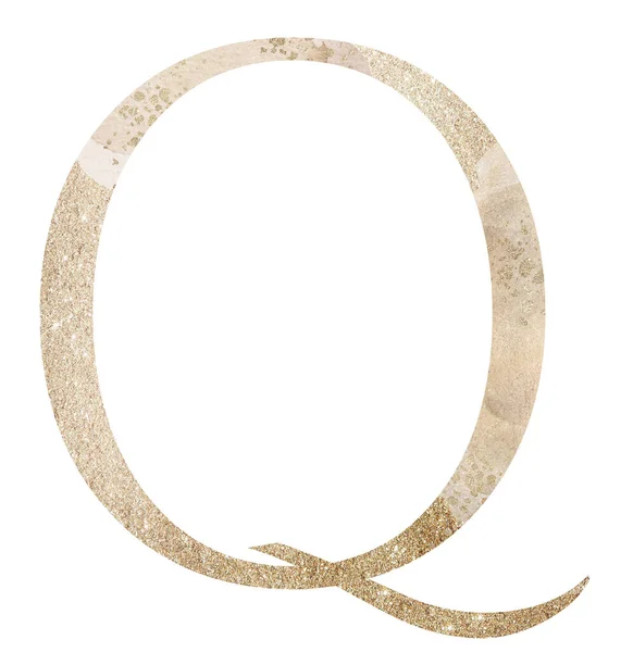淡淡的金色大写字母Q与米色水彩斑斑 孤立的插图 闪烁着节日元素 婚礼和节日文具设计用闪光字母表符号 — 图库照片