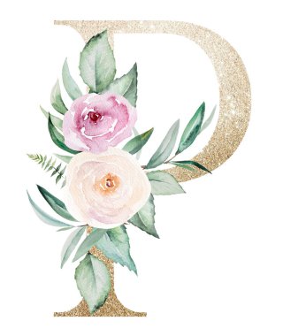 Beyaz üzerine izole edilmiş suluboya pastel gülleri olan açık altın harfli P harfi. Yeşil yapraklı ve açık pembe çiçekli ışıldayan boho elementi. Düğün ve tatil tasarımı için alfabe çiçekleri