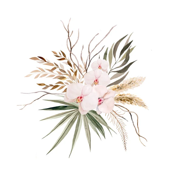 Akvarel Bohemian Kytice Tropickými Orchidej Květiny Sušené Palmové Listy Pampas — Stock fotografie