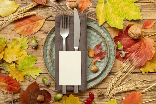 Autumn Rustic Table Place Blank Card Colorful Leaves Berries Top — Stock Photo, Image