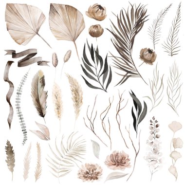 Pembe flamingo kuşlarıyla suluboya bohem seti, bej ve kahverengi tropikal yapraklar ve desenli orkide çiçekleri. Düğün kırtasiyesi için boho ya da etnik düzenleme