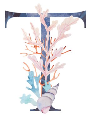 Mavi büyük harf T, suluboya yosunlar, mercanlar ve deniz kabukları ile süslenmiş. El yapımı Sualtı Elementi yaz plajı düğün kırtasiyesi için. Alfabe deniz tasarımı