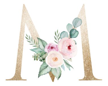 Beyaz üzerine izole edilmiş suluboya pastel güller içeren açık altın harfli M harfi. Yeşil yapraklı ve açık pembe çiçekli ışıldayan boho elementi. Düğün ve tatil tasarımı için alfabe çiçekleri