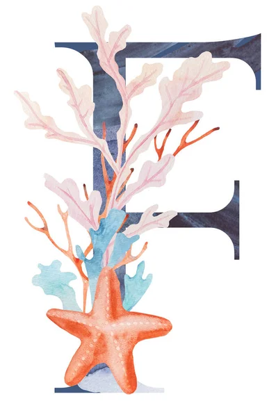 Lettera Maiuscola Blu Decorata Con Alghe Acquerellate Coralli Conchiglie Illustrazione — Foto Stock
