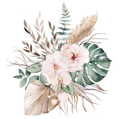 Bohem suluboya buketi bej ve deniz mavisi yeşil tropikal yapraklar ve açık pembe orkide çiçek çiziminden yapılmıştır. Düğün kırtasiyesi için boho ya da etnik düzenleme