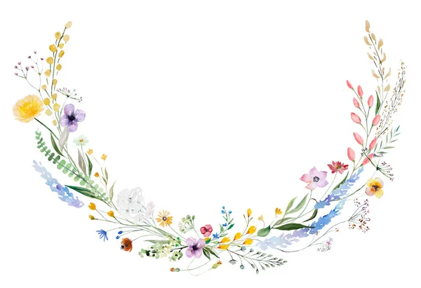 Round Frame made of colorful watercolor wildflowers and leaves illustration, isolated, copy space. Floral element for summer wedding stationery and greetings cards