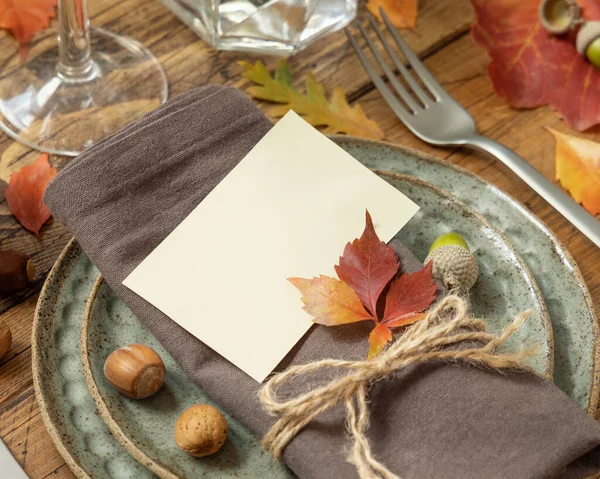 Autumn Rustic Table Place Card Colorful Leaves Berries Close Mockup — Stok fotoğraf