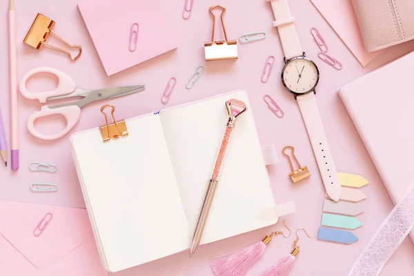 Opened Notebook Pink School Accessories Pastel Pink Top View Textbook — Stock Photo, Image