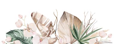 Bohemian Watercolor border with beige and teal green tropical leaves, pampas grass and orchid flowers illustration isolated. Boho or ethnic arrangement for wedding stationery