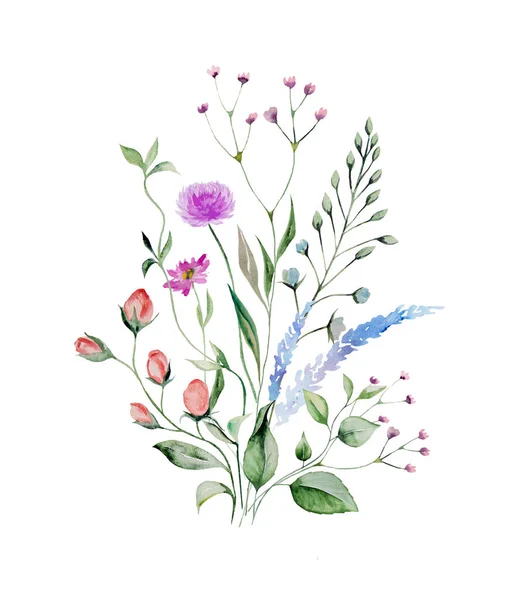 Bouquet Composé Aquarelle Colorée Fleurs Sauvages Feuilles Illustration Isolé Espace — Photo