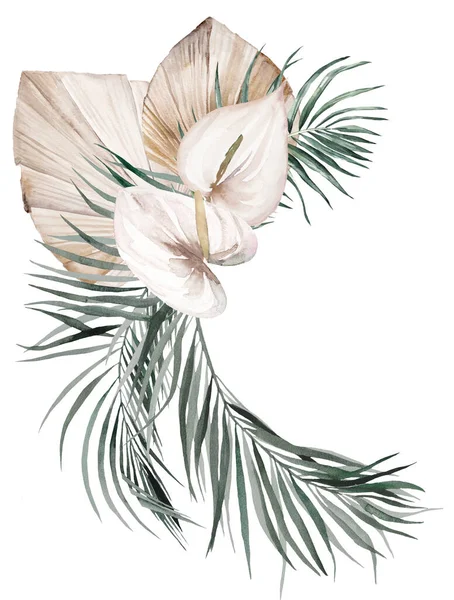 Bohemian Watercolor Bouquet Made Beige Teal Green Tropical Leaves Light — 图库照片