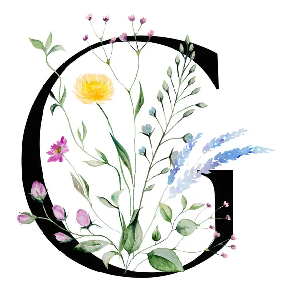 Black Capital Letter Watercolor Wildflowers Leaves Bouquet Isolated Summer Floral — 图库照片