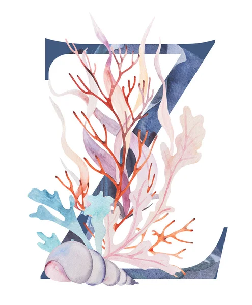Blue Capital Letter Decorated Watercolor Seaweeds Corals Seashells Isolated Illustration — 스톡 사진