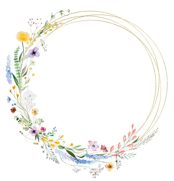 Round Frame made of colorful watercolor wildflowers and leaves illustration, isolated, copy space. Floral element for summer wedding stationery and greetings cards