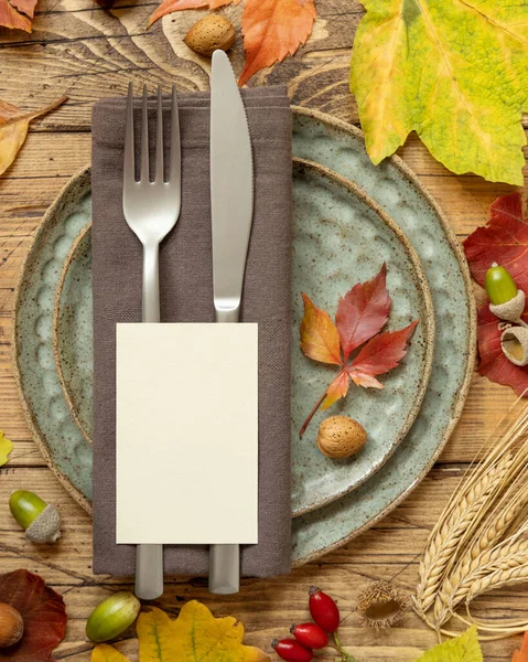 Autumn Rustic Table Place Blank Card Colorful Leaves Berries Top — Stockfoto