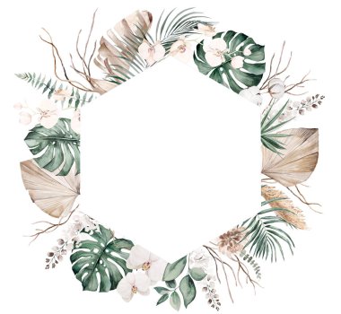 Bej ve yeşil tropikal yapraklı bohem suluboya çerçeve, pampa otları ve orkide çiçekleri izole edilmiş. Düğün kırtasiyesi için boho ya da etnik düzenleme