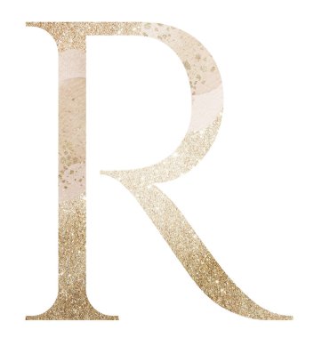 Pastel hafif büyük harf R, bej renkli suluboya lekeler, izole bir illüstrasyon, ışıltılı tatil elementi. Düğün ve şenlikli kırtasiye tasarımı için parlayan alfabe sembolü