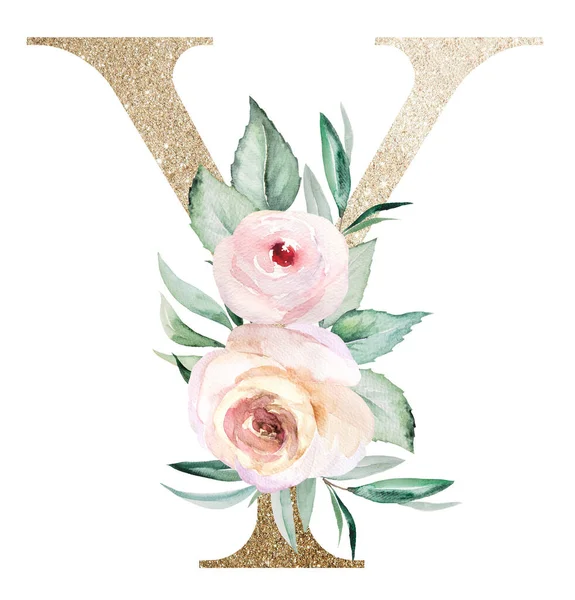 Light golden letter Y with watercolor pastel roses isolated on white. Sparkling boho Element with green leaves and light pink flowers. Alphabet floral for wedding and holiday design