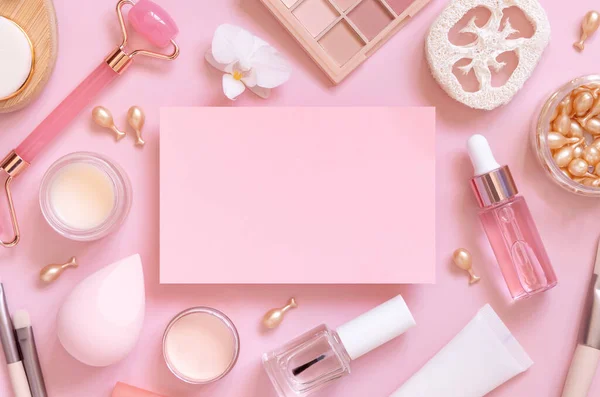 Paper Card Skin Care Decorative Cosmetics Pink Top View Mockup — Stock Photo, Image