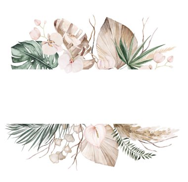 Bej ve yeşil tropikal yapraklı bohem suluboya çerçeve, pampa otları ve orkide çiçekleri izole edilmiş. Düğün kırtasiyesi için boho ya da etnik düzenleme