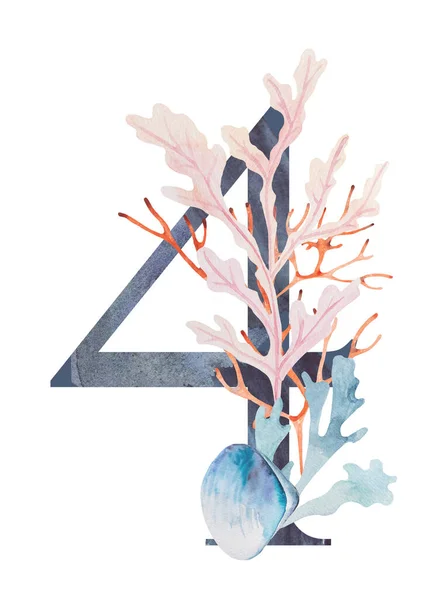 Blue Number Decorated Watercolor Seaweeds Corals Seashells Isolated Illustration Hand — Foto de Stock