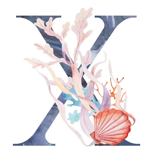 Blue Capital Letter Decorated Watercolor Seaweeds Corals Seashells Isolated Illustration — Foto de Stock