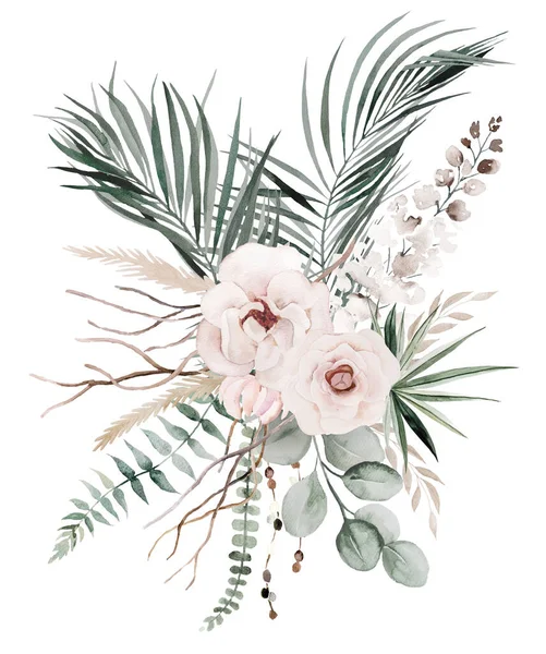 Bohemian Watercolor bouquet made with beige and teal green tropical leaves and light pink flowers illustration isolated. Boho or ethnic arrangement for wedding stationery