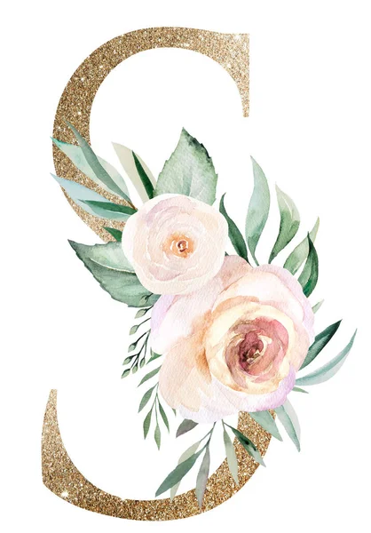 Light Golden Letter Watercolor Pastel Roses Isolated White Sparkling Boho — ストック写真
