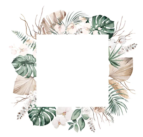 Bohemian Watercolor Frame Beige Teal Green Tropical Leaves Pampas Grass — 스톡 사진