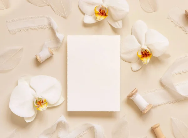 Wedding Card White Orchid Flowers Silk Ribbons Light Yellow Top — Stock Photo, Image