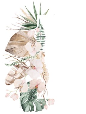 Bohemian Watercolor frame with beige and teal green tropical leaves, pampas grass and orchid flowers illustration isolated. Boho or ethnic arrangement for wedding stationery