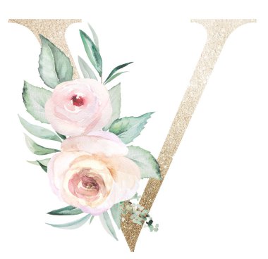 Beyaz üzerine izole edilmiş suluboya pastel gülleri olan açık altın harfli V harfi. Yeşil yapraklı ve açık pembe çiçekli ışıldayan boho elementi. Düğün ve tatil tasarımı için alfabe çiçekleri