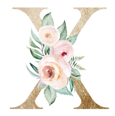 Light golden letter X with watercolor pastel roses isolated on white. Sparkling boho Element with green leaves and light pink flowers. Alphabet floral for wedding and holiday design