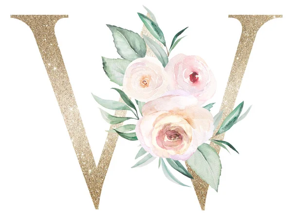 Light golden letter W with watercolor pastel roses isolated on white. Sparkling boho Element with green leaves and light pink flowers. Alphabet floral for wedding and holiday design