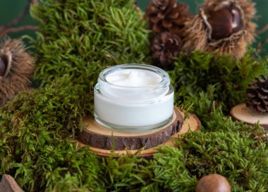 Opened glass jar full of cream on wooden piece between green moss, pine cones and nuts, closeup, mockup. Skincare beauty product package. Natural Organic Cosmetic concept. Biophilic design