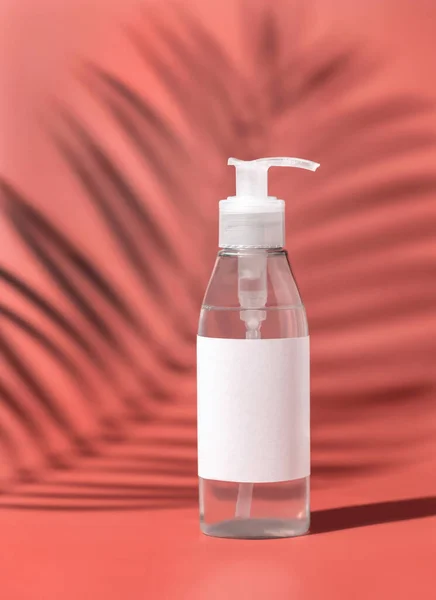 One Pump Plastic Bottle Blank Label Pink Palm Leaf Hard — Fotografia de Stock