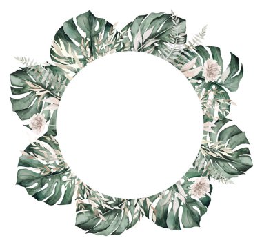 Bohemian Watercolor round frame with  teal green tropical leaves and beige flowers illustration isolated. Boho or ethnic arrangement for wedding stationery