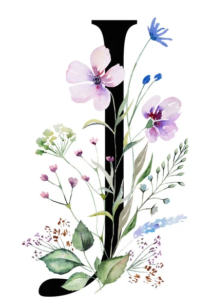 Black Capital Letter Watercolor Wildflowers Leaves Bouquet Isolated Summer Floral — Photo