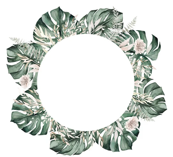 Bohemian Watercolor Frame Teal Green Tropical Leaves Beige Flowers Illustration — Zdjęcie stockowe