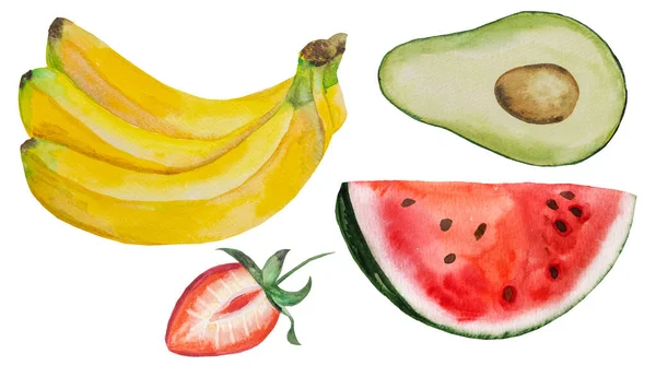 Watercolor Bananas Avocado Watermelon Strawberry Whole Pieces Fruit Illustration Elements — Foto Stock