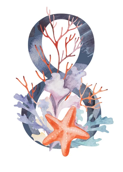 Blue Number Decorated Watercolor Seaweeds Corals Seashells Isolated Illustration Hand — 스톡 사진