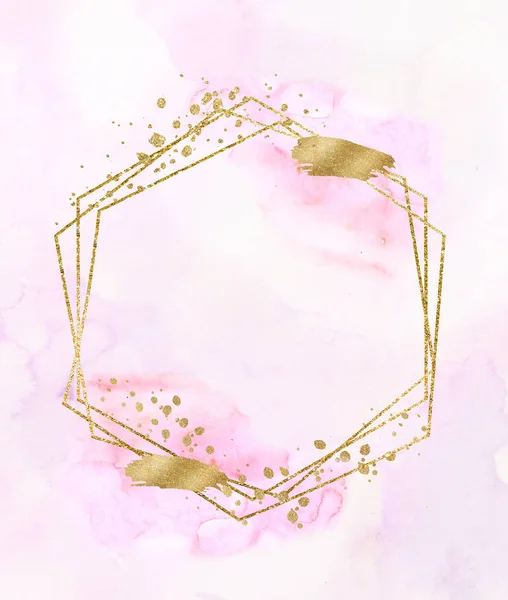 Geometric Golden Frame Watercolor Spots Illustration Pink Background Hand Painted — 스톡 사진
