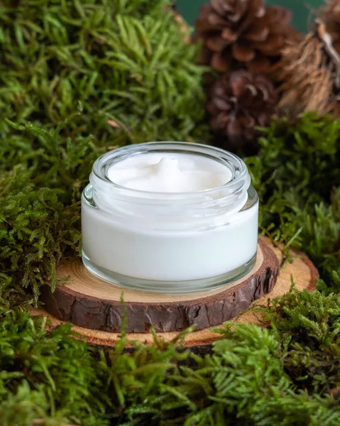 Opened glass jar full of cream on wooden piece between green moss, pine cones and nuts, closeup, mockup. Skincare beauty product package. Natural Organic Cosmetic concept. Biophilic design