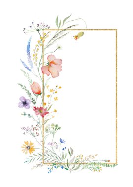 Rectangular vertical Frame made of colorful watercolor wildflowers and leaves illustration, isolated, copy space. Floral element for summer wedding stationery and greetings cards